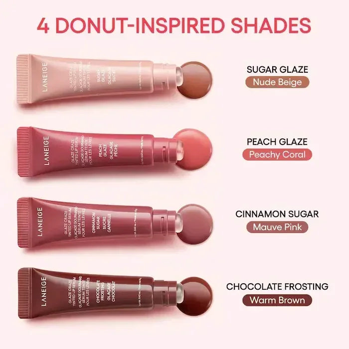 Laneige donut-inspired tinted lip balm tubes in 4 shades: nude, coral, mauve pink, and brown with glossy textures.