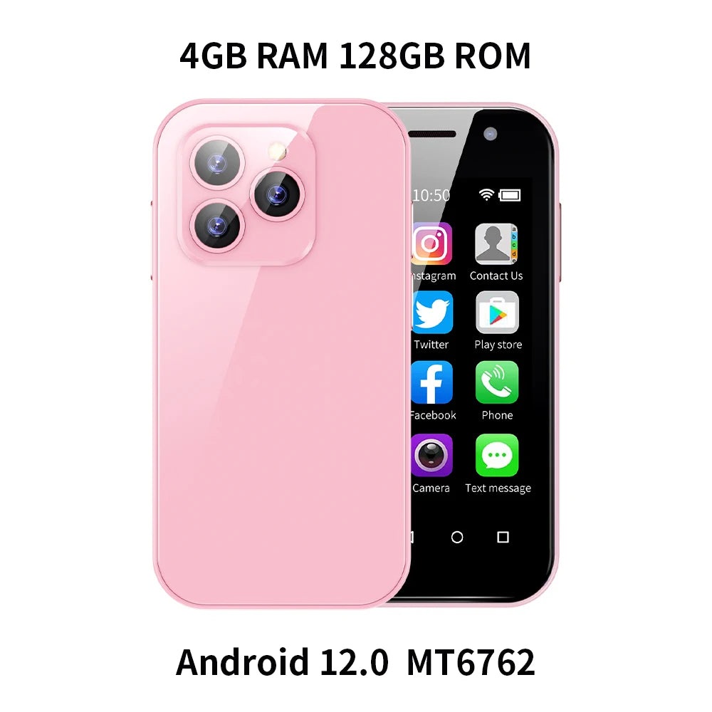 Pink mini smartphone, 4GB RAM 128GB ROM, front and back shown