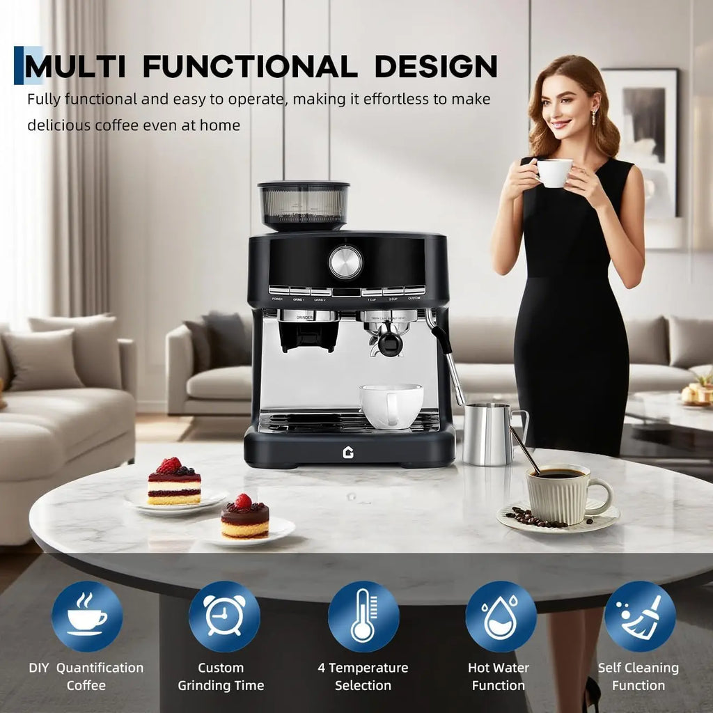 Black G-brand espresso machine with integrated grinder on a kitchen table, showcasing multi-functional features.