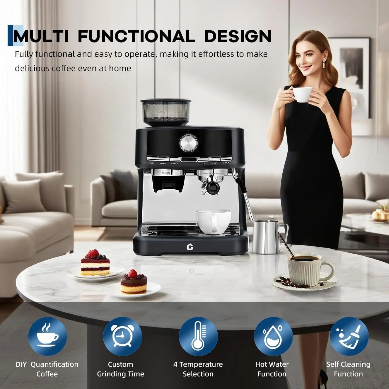Black G-brand espresso machine with integrated grinder on a kitchen table, showcasing multi-functional features.