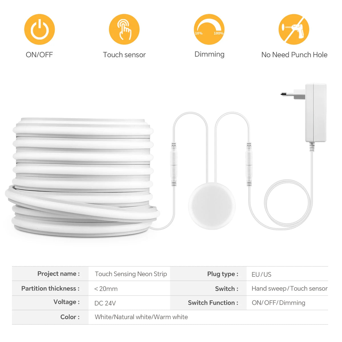 24V COB LED Neon Light Strip No Dark Spot Waterproof  Flexible Silicone Rope Light With Touch Dimmer Switch For Home Wall Decor