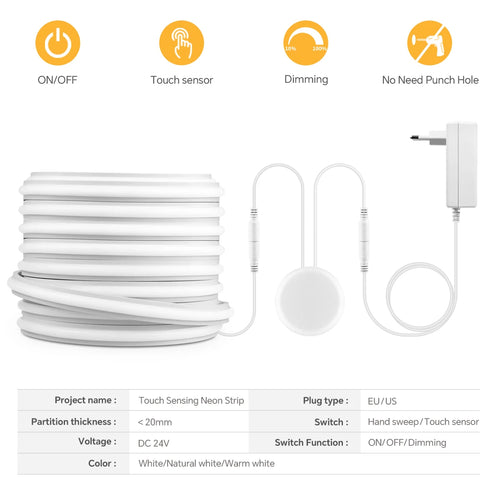 White silicone neon light strip kit with touch sensor, cables, and EU/US power plug