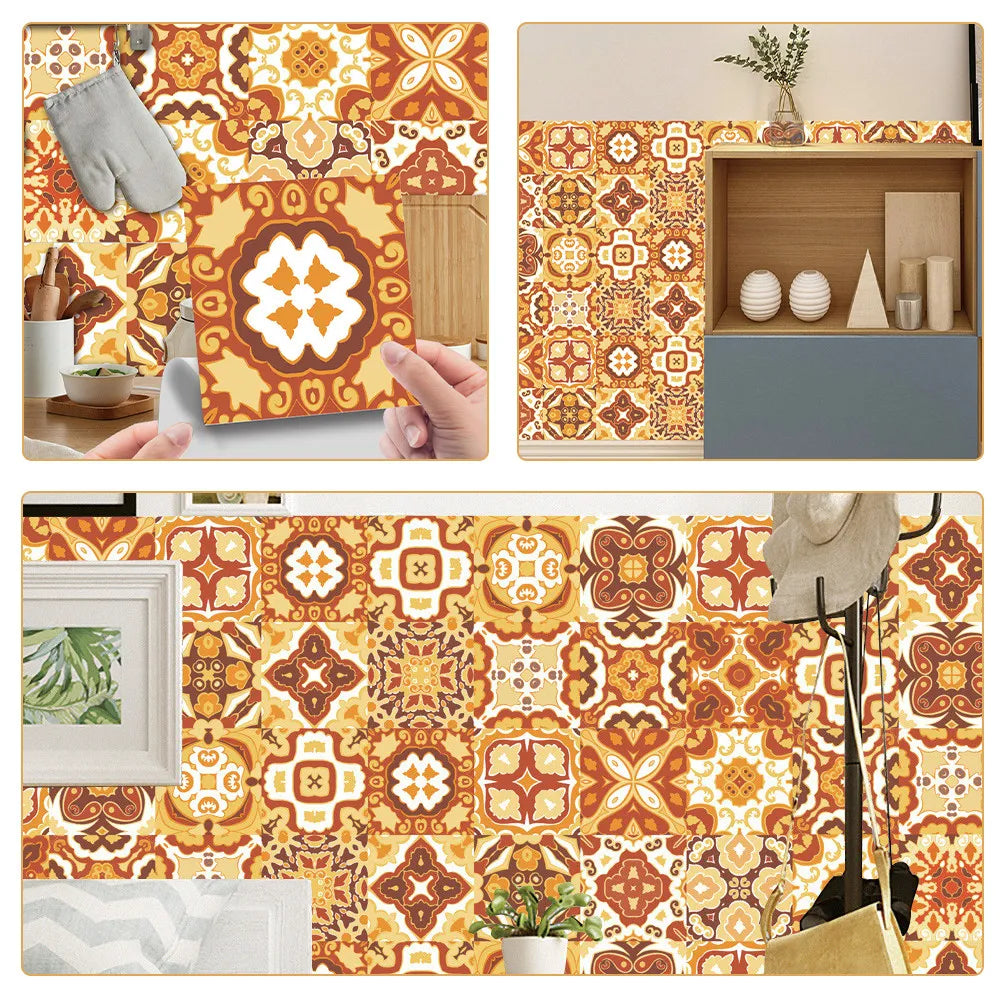 Orange and cream vintage mosaic tile decals applied to a kitchen cabinet and backsplash