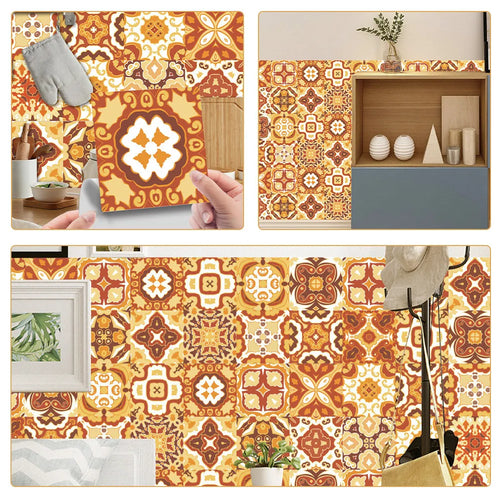 Orange and cream vintage mosaic tile decals applied to a kitchen cabinet and backsplash
