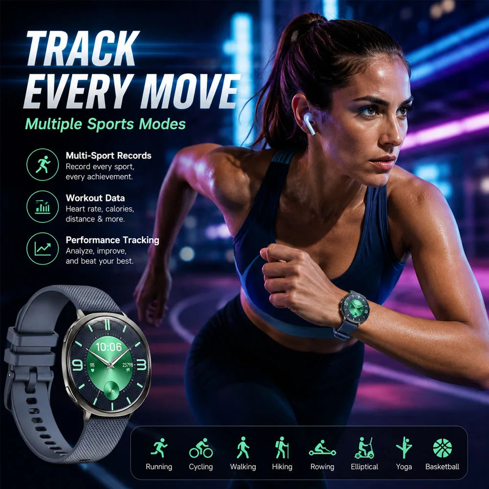 New Smart Watch Tracking Fitness Voice Assistant IP68 Waterproof Flashlight Health Round Curved Screen  Smartwatch Men Women