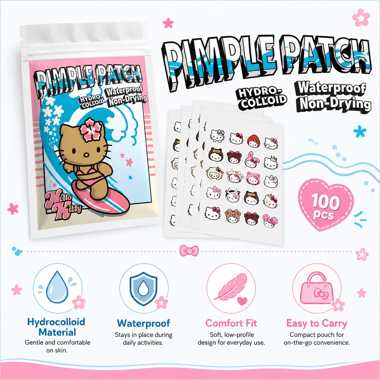 100PCS hello kitty Acne patches, facial acne patches, hydrogel acne removal patches, concealer