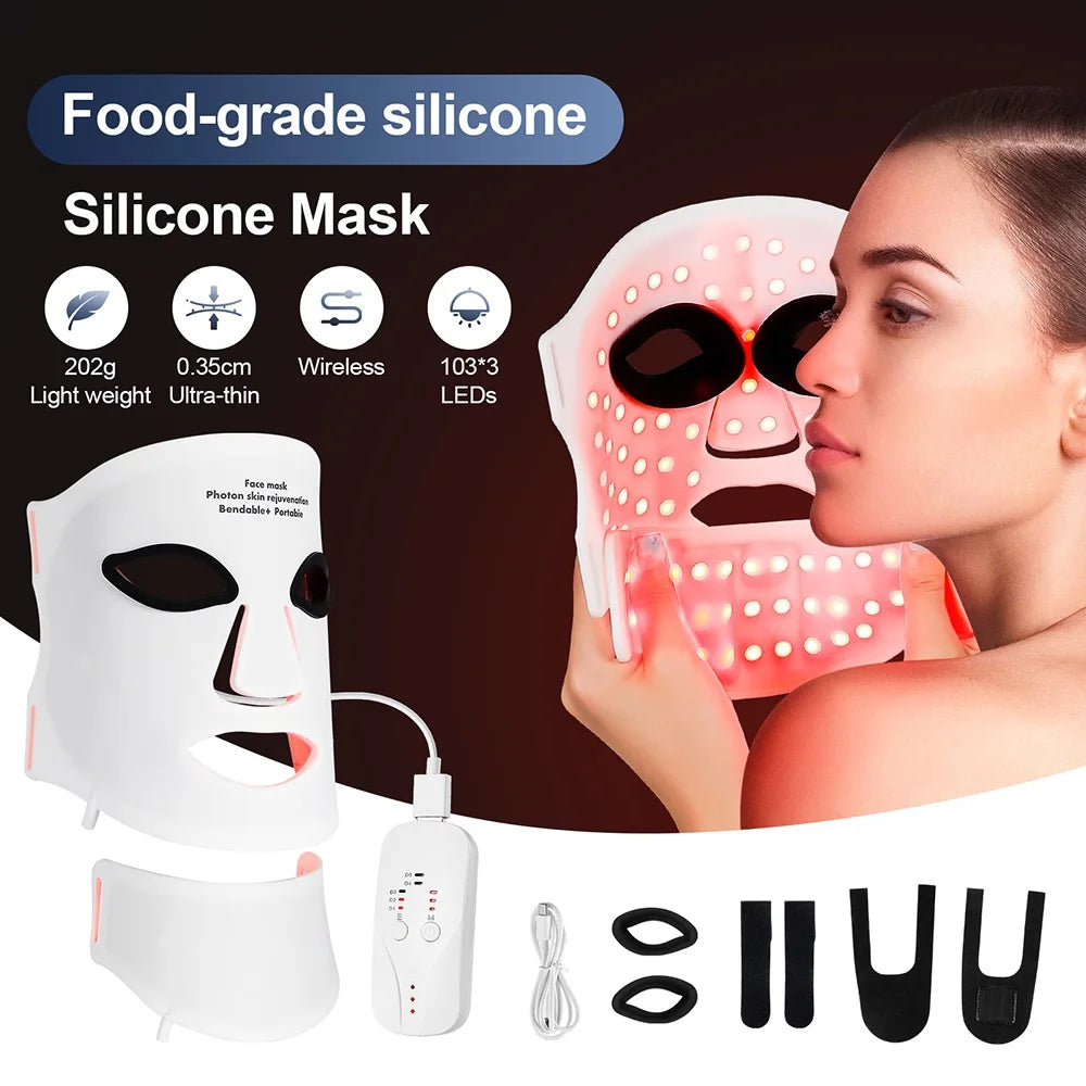 A white, flexible silicone LED facial and neck mask with a wired controller, being worn by a woman.