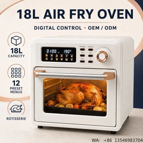 18L air fry oven with rotisserie window, digital control panel, and timer display