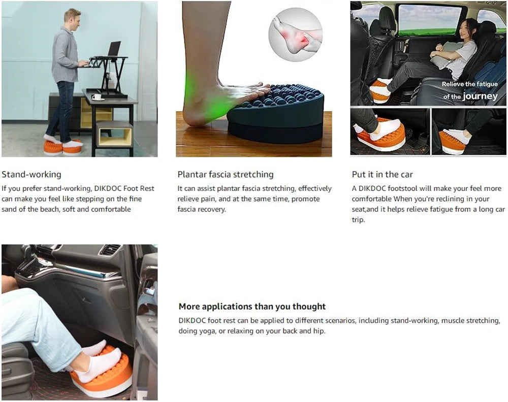 Soft silicone foot rest stool for desk or car to relieve plantar fasciitis pain with textured massage surface.