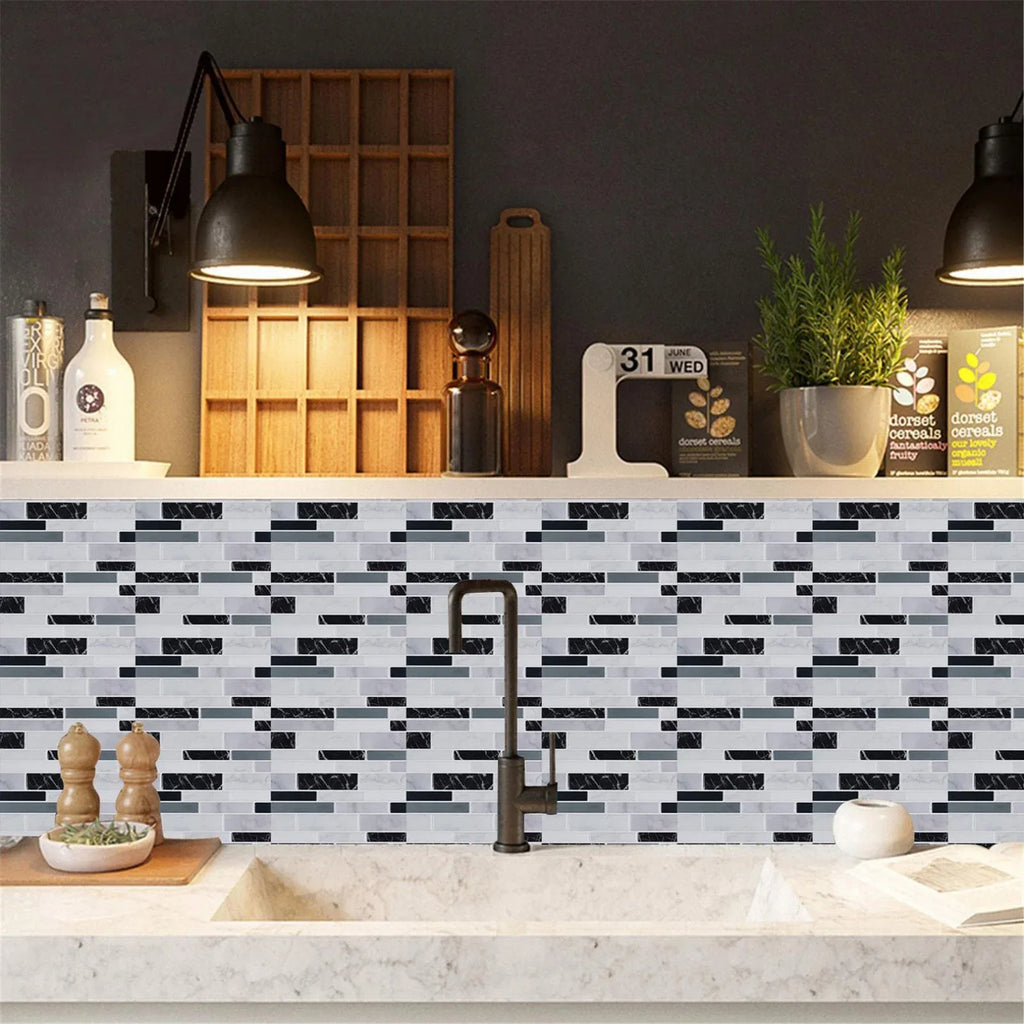 Self-adhesive 3D mosaic tile wall sticker with black and gray brick pattern, bathroom wall