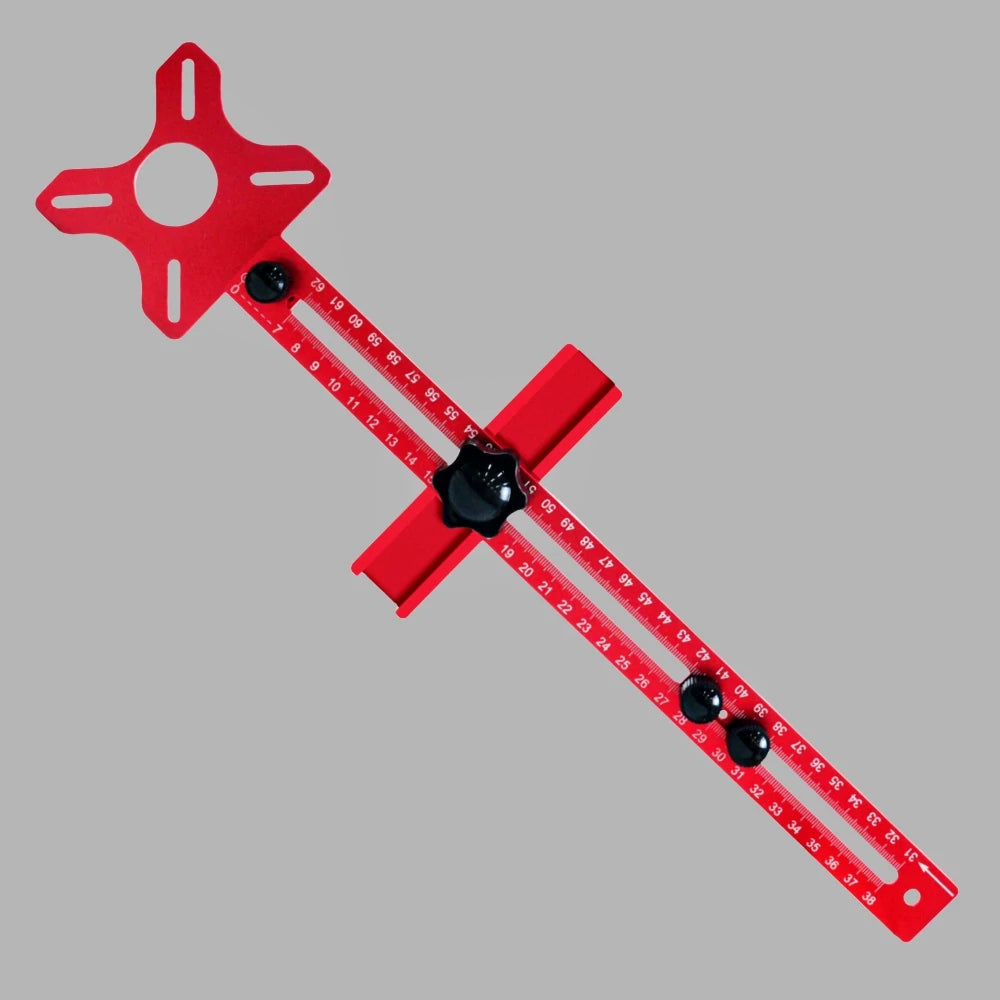 3-in-1 router circle cutting jig, red guide bar with star plate and black adjustment knobs