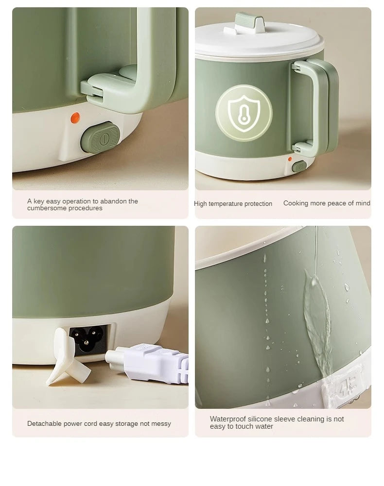 Electric hot pot base with side handle, control knob, and indicator lights in light green