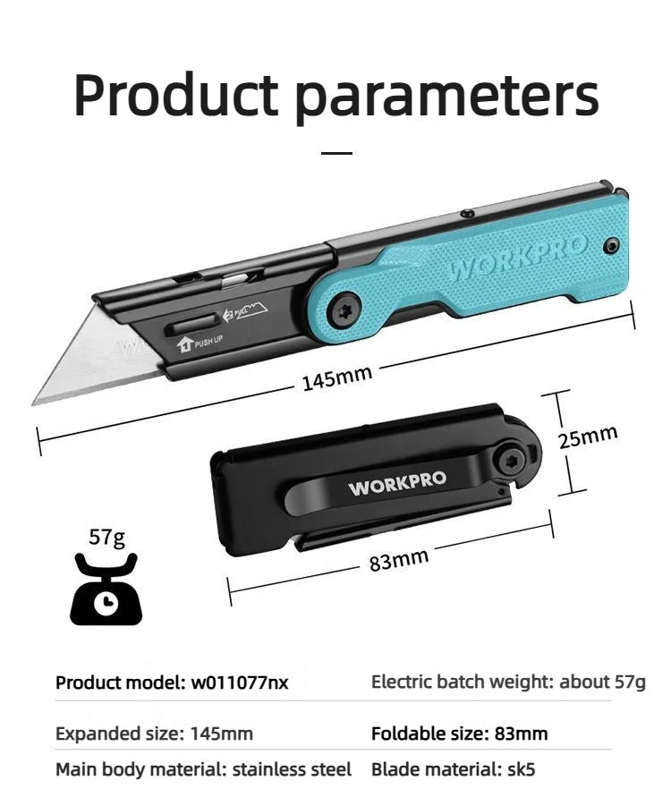 Workpro Folding Utility Knife Stainless Steel Quick Realse Pocket Knife with Belt Clip Sharp 10 blades Purpose DIY Cutting Tools