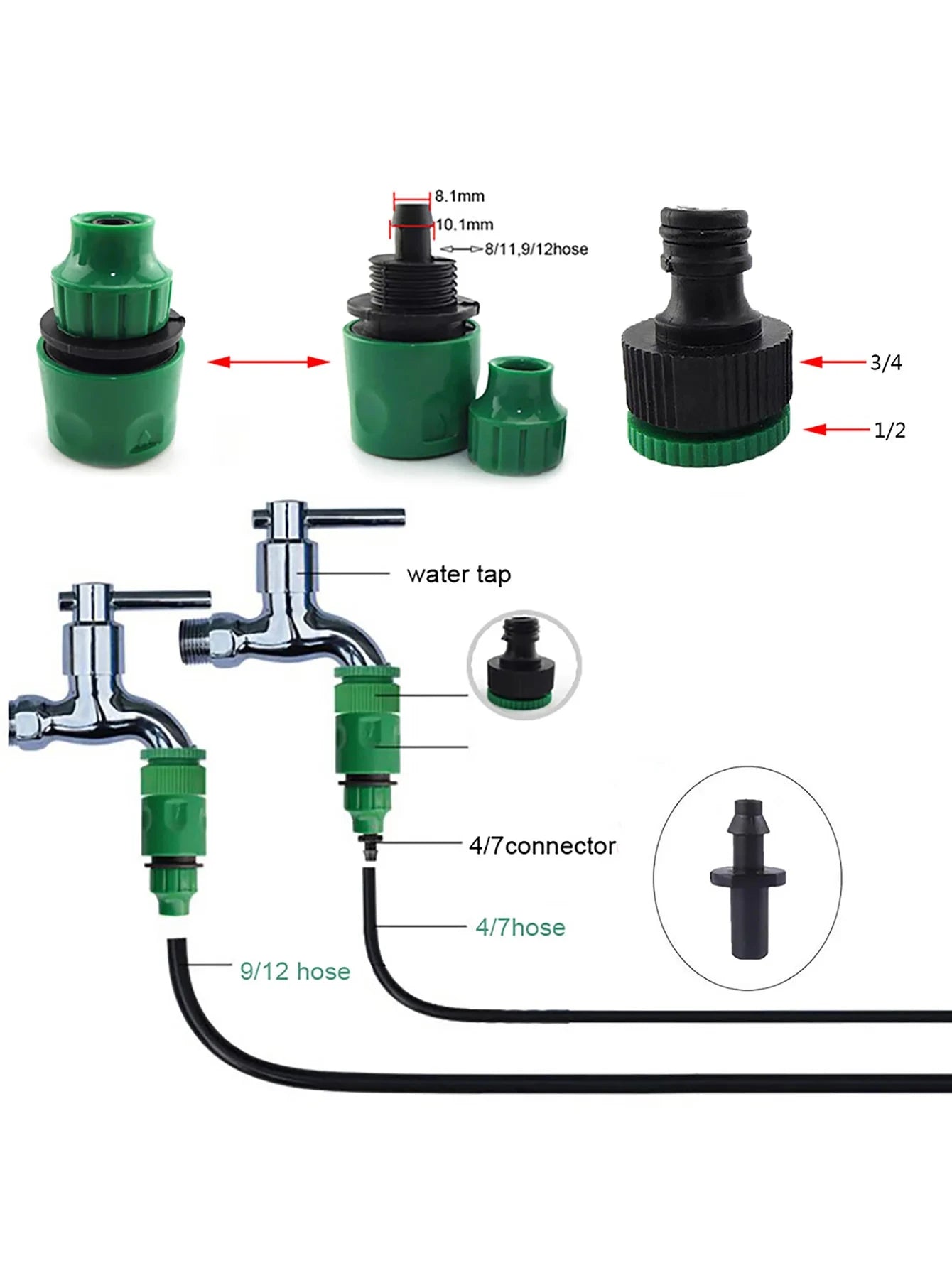 Quick coupling adapter set with barbed hose connectors and threaded fittings for garden irrigation