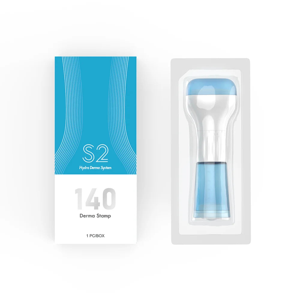 S2 140-pin Hydra Derma Stamp with serum container for hair regrowth and facial skincare in retail box packaging.