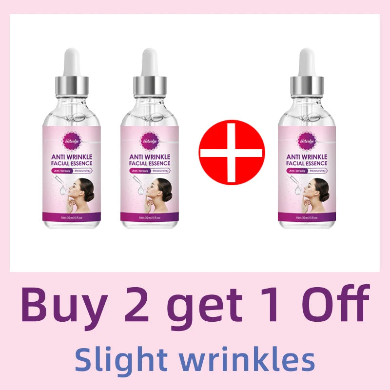 Three glass bottles of anti-wrinkle facial essence with pink labels, featuring a silver dropper cap.