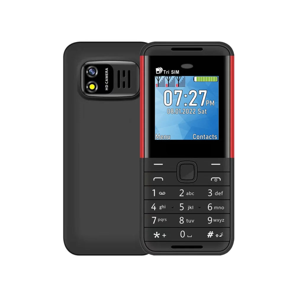 Black compact triple SIM mini smartphone with red side accents and physical keypad