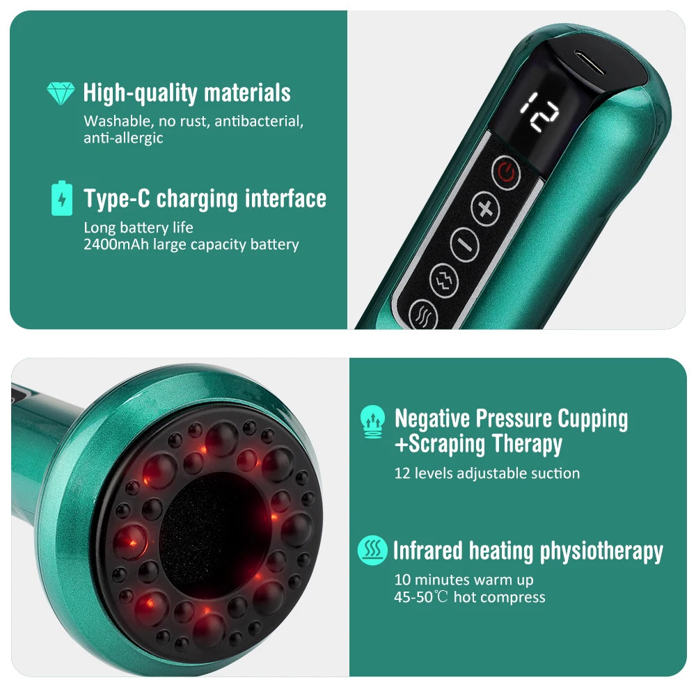 Green electric cupping massager with 12 suction levels, infrared heating, and Type-C charging for gua sha therapy.