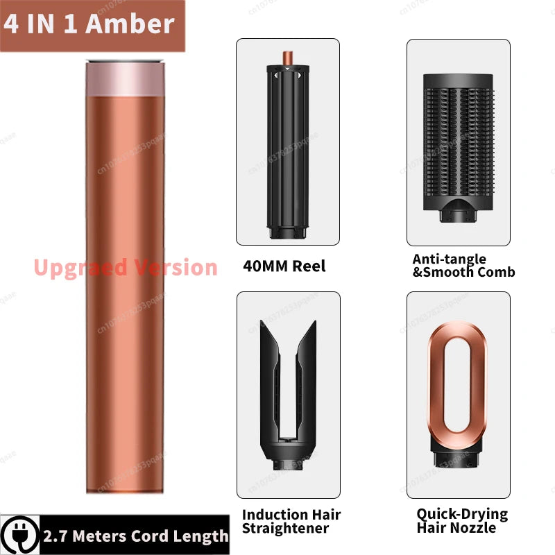 Amber 4-in-1 hair styler with auto curler, smooth brush, straightener, and drying nozzle for salon-style hair.