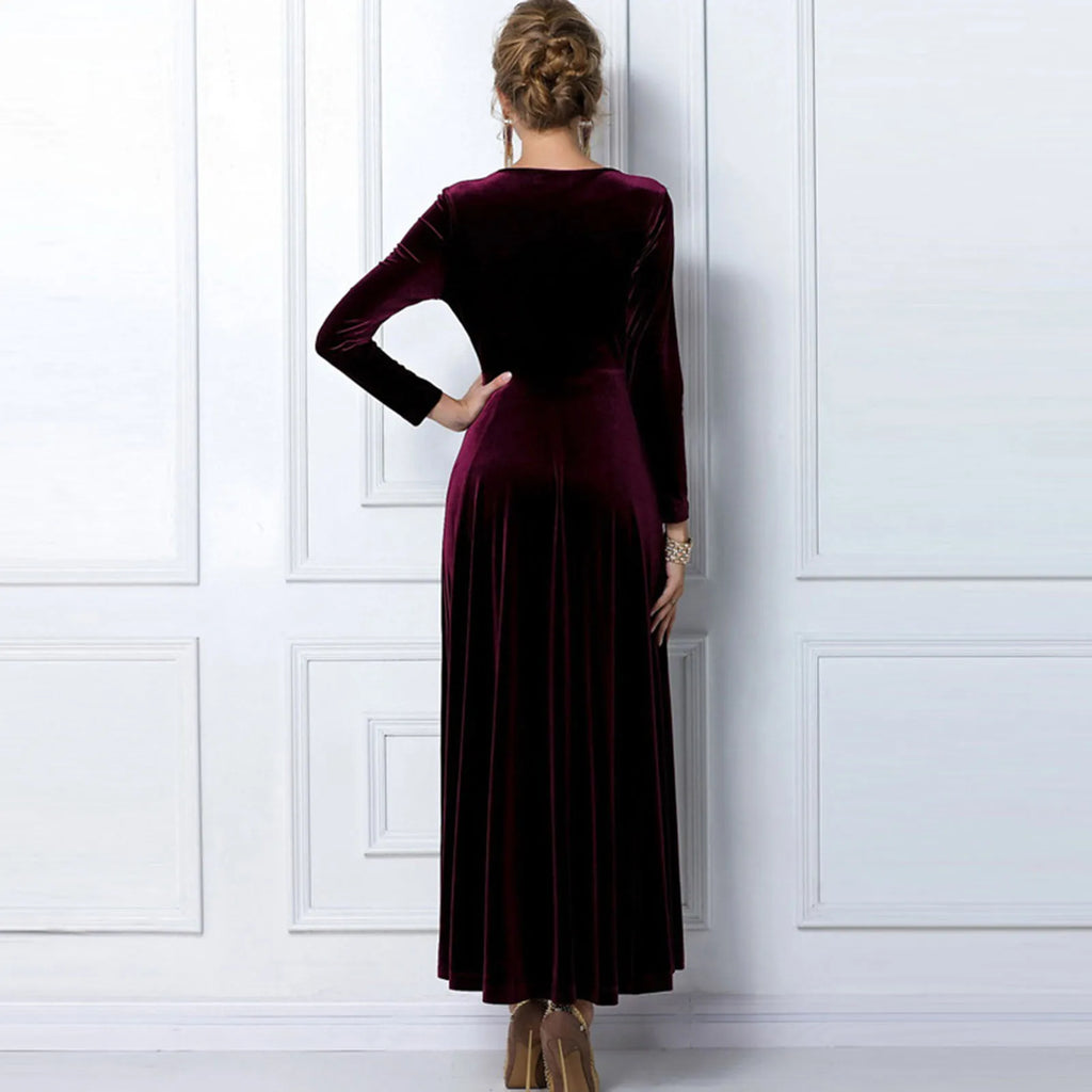 Vintage Women Autumn Long Sleeve V Neck Pleated Velvet Banquet Party Maxi Dress Party Wedding Elegant Evening dress 