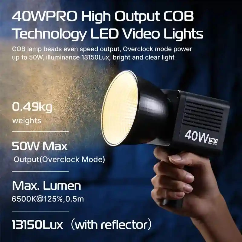 40W PRO handheld COB LED video light with a black, boxy housing and circular reflector, emitting bright, warm light.