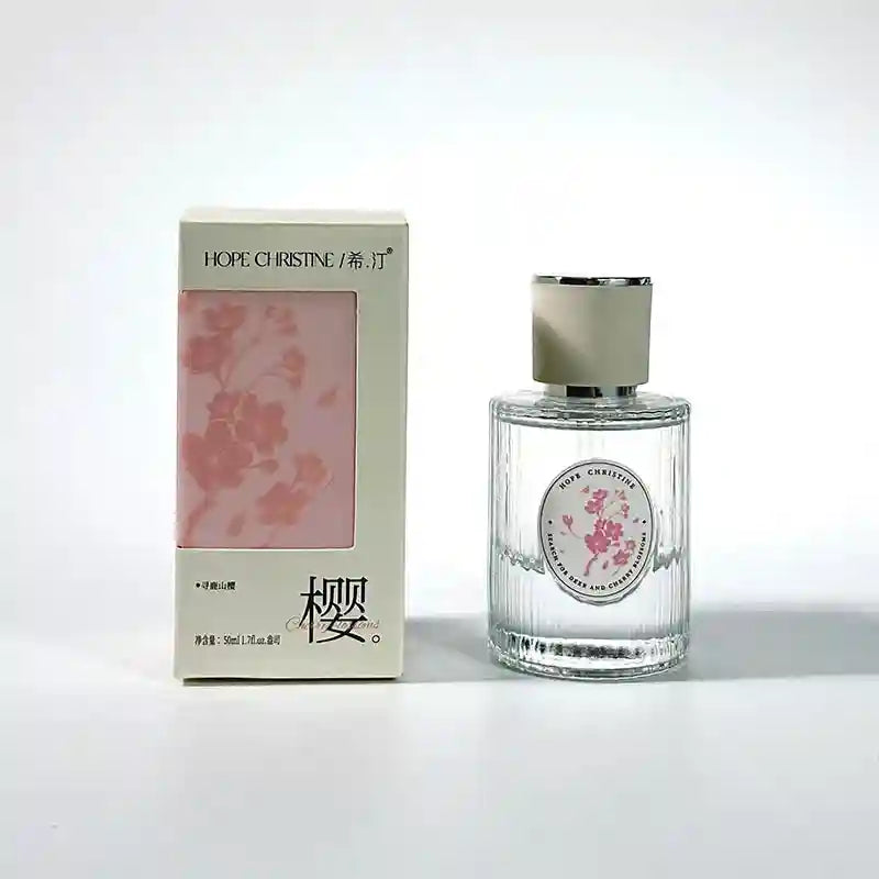 Hope Christine Cherry Blossom women’s floral perfume in a ribbed glass bottle with pink sakura packaging. 50ml EDP.