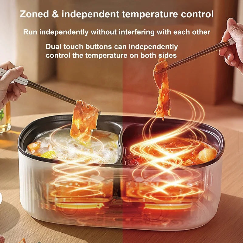 White electric hot pot showing separate heating on two sides with boiling contents
