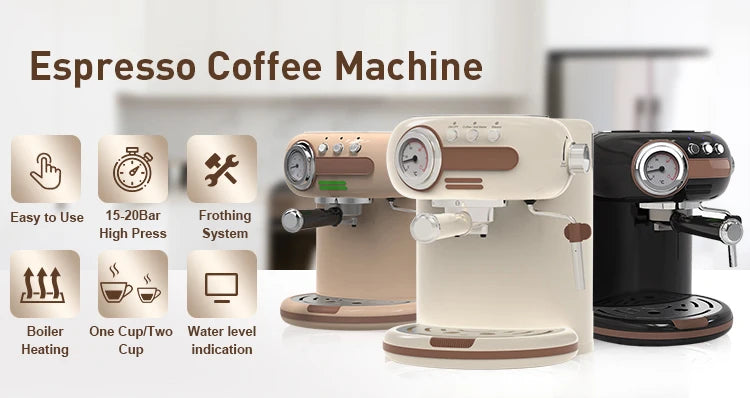Retro-style espresso coffee machine in cream, tan, and black with a pressure gauge and milk frother features.