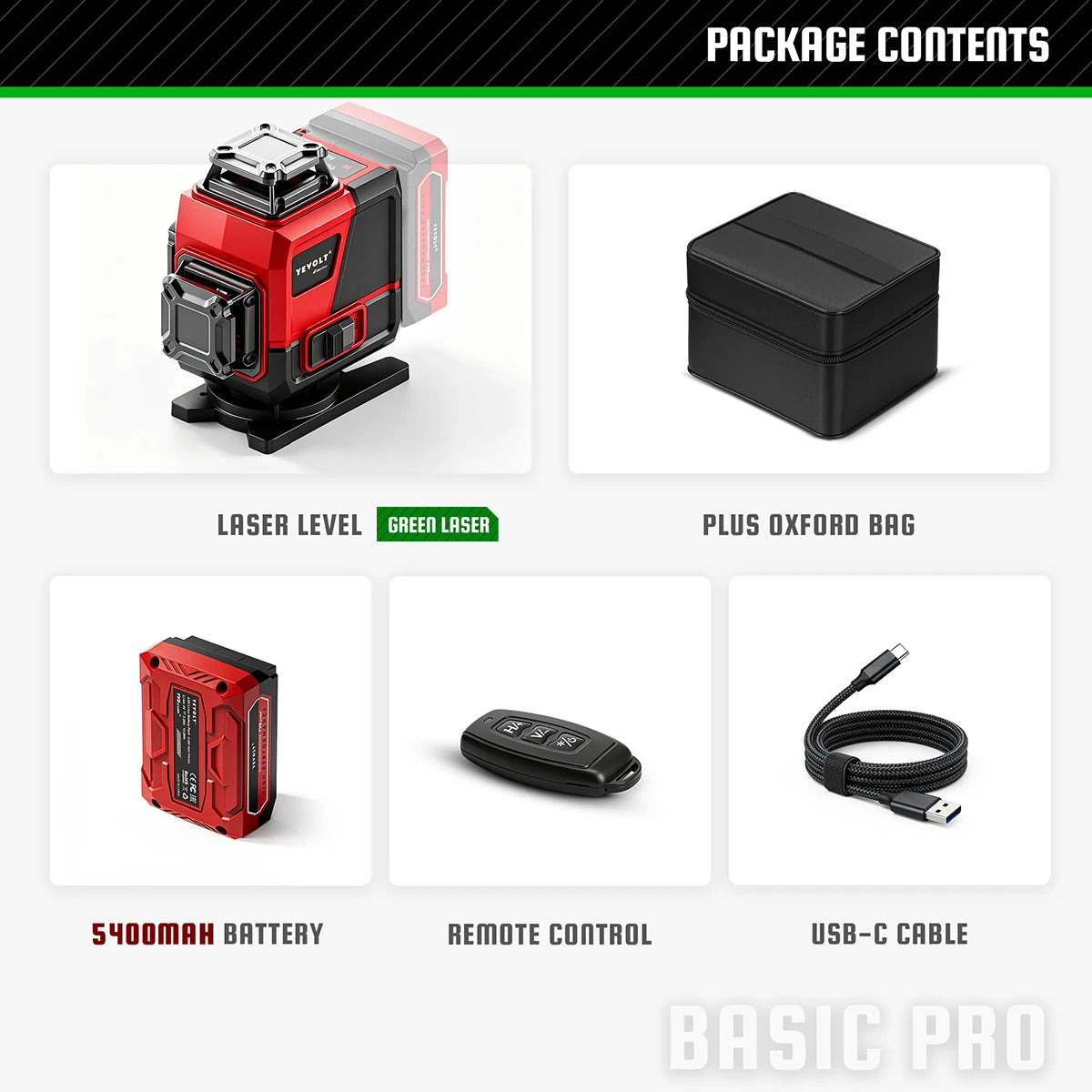 360 green laser level kit with carrying bag, remote, battery, and USB-C cable