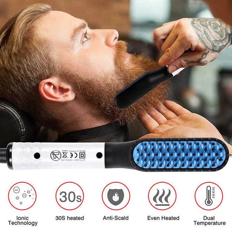 Portable black and white heated beard straightening comb for men with blue ionic anti-scald bristles.