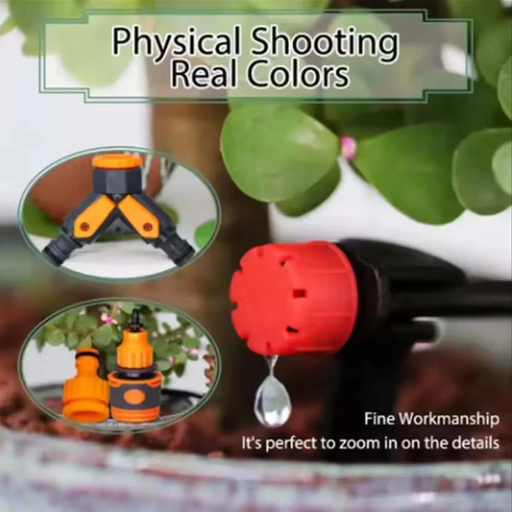 Irrigation timer valve with orange cap and hoses, showing product details and spray nozzles