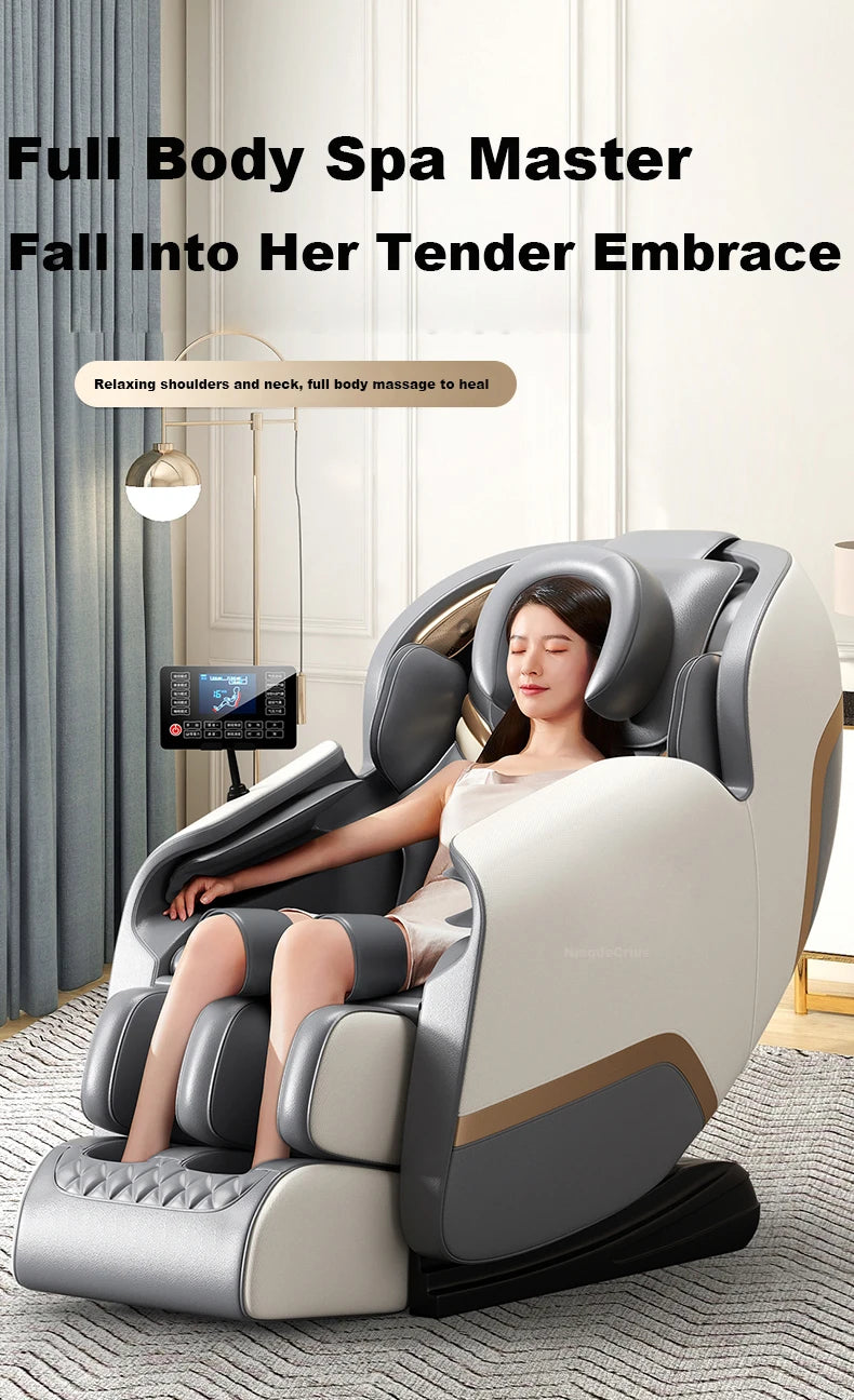 Gray shiatsu massage chair with beige frame, person reclining for full-body massage