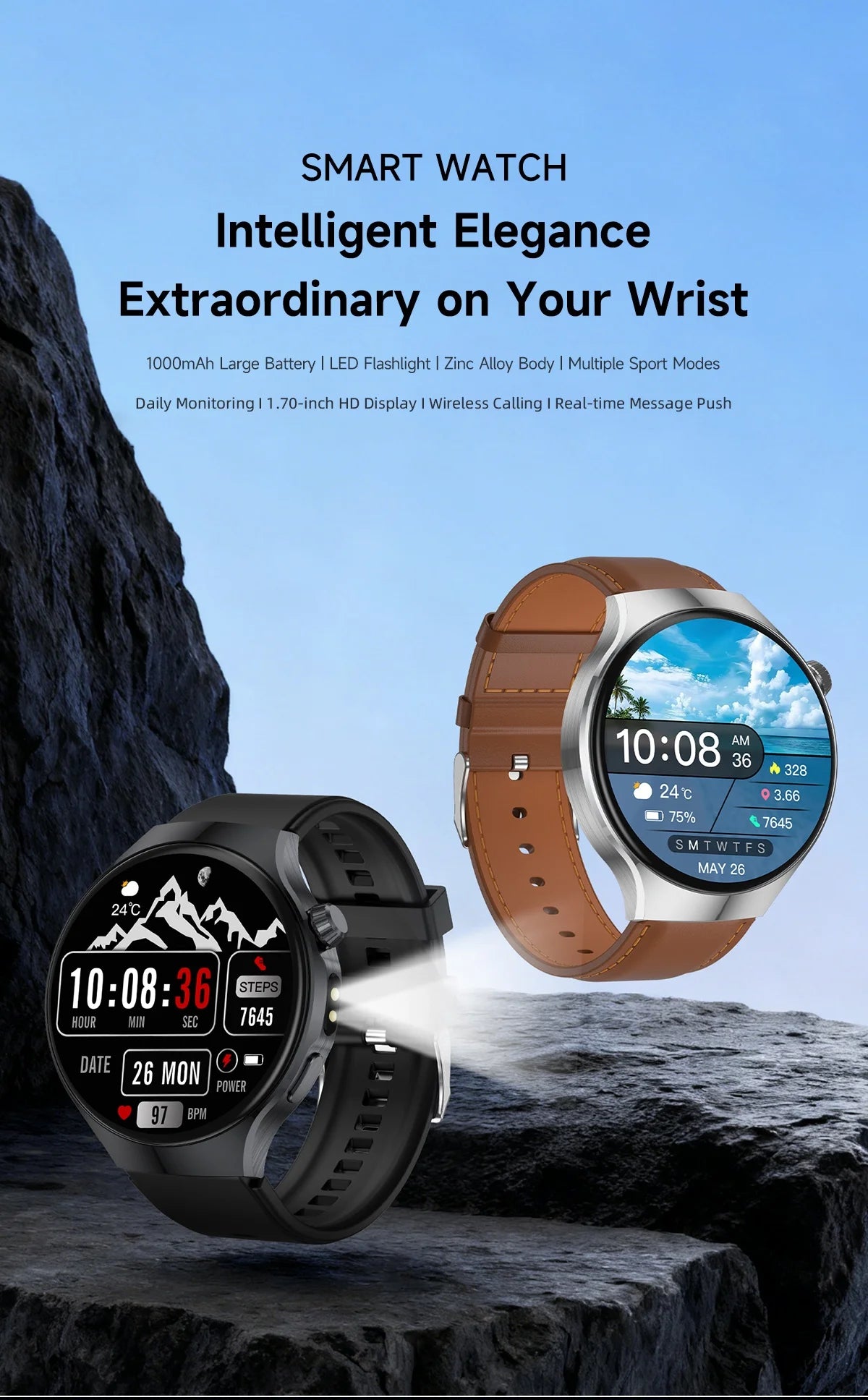 LIGE New 1000mAh Battery Smart Watch Health Monitor Bluetooth Call LED Flashlight Sports Tracker Smart Bracelet For Android ios