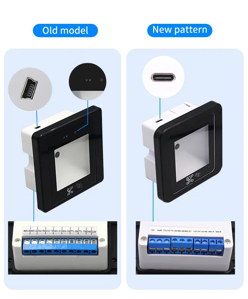 Old and new QR code access card reader patterns shown, including Type-C port view.