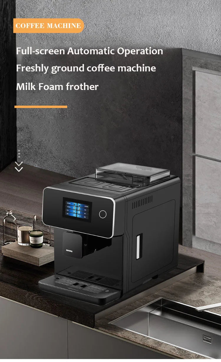 Black automatic coffee machine with milk frother, touchscreen interface, and built-in grinder on a kitchen counter.