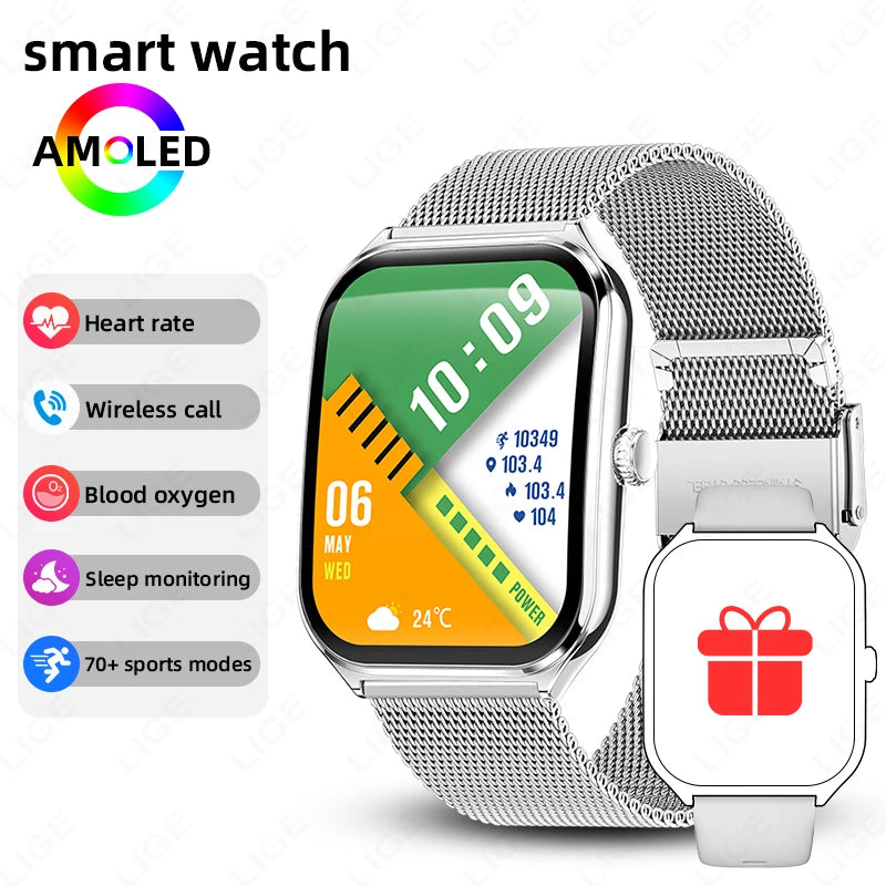 AMOLED smartwatch with silver mesh metal strap and green digital watch face