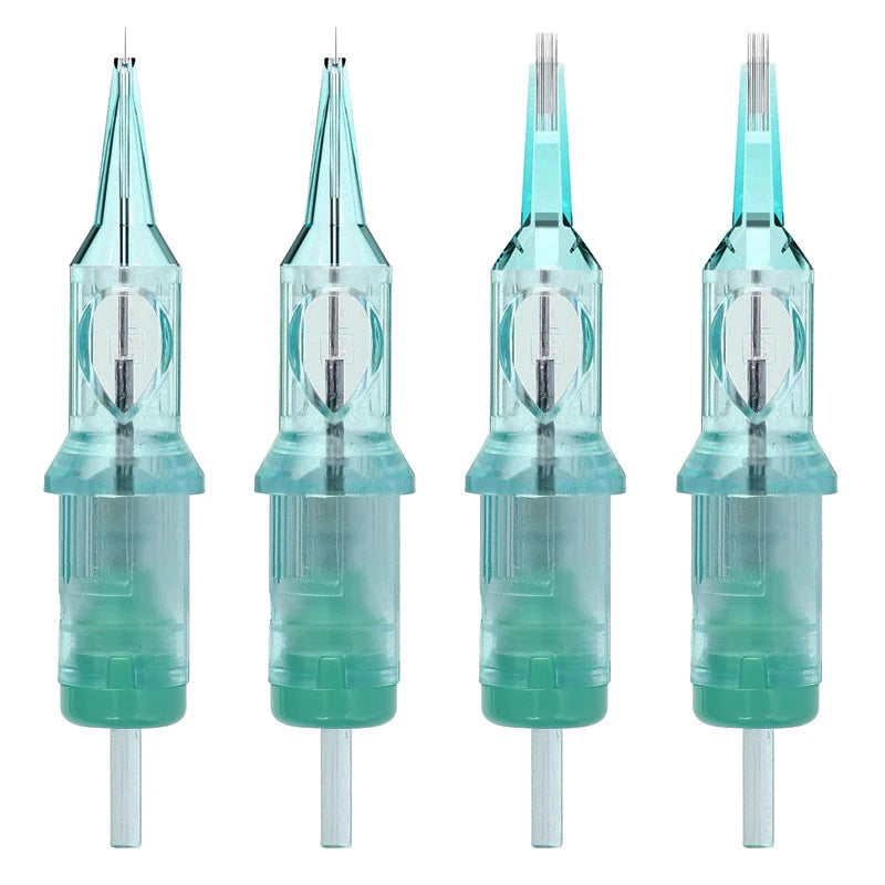 Green Viper PMU tattoo cartridge needles for lip makeup with transparent casing and precise metal tips.