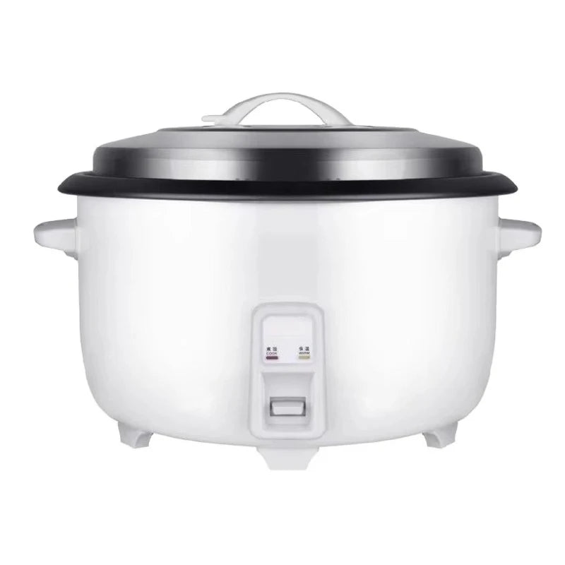 Commercial drum-type electric rice cooker with black lid and white body