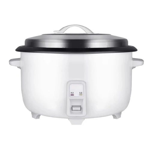 Commercial drum-type electric rice cooker with black lid and white body