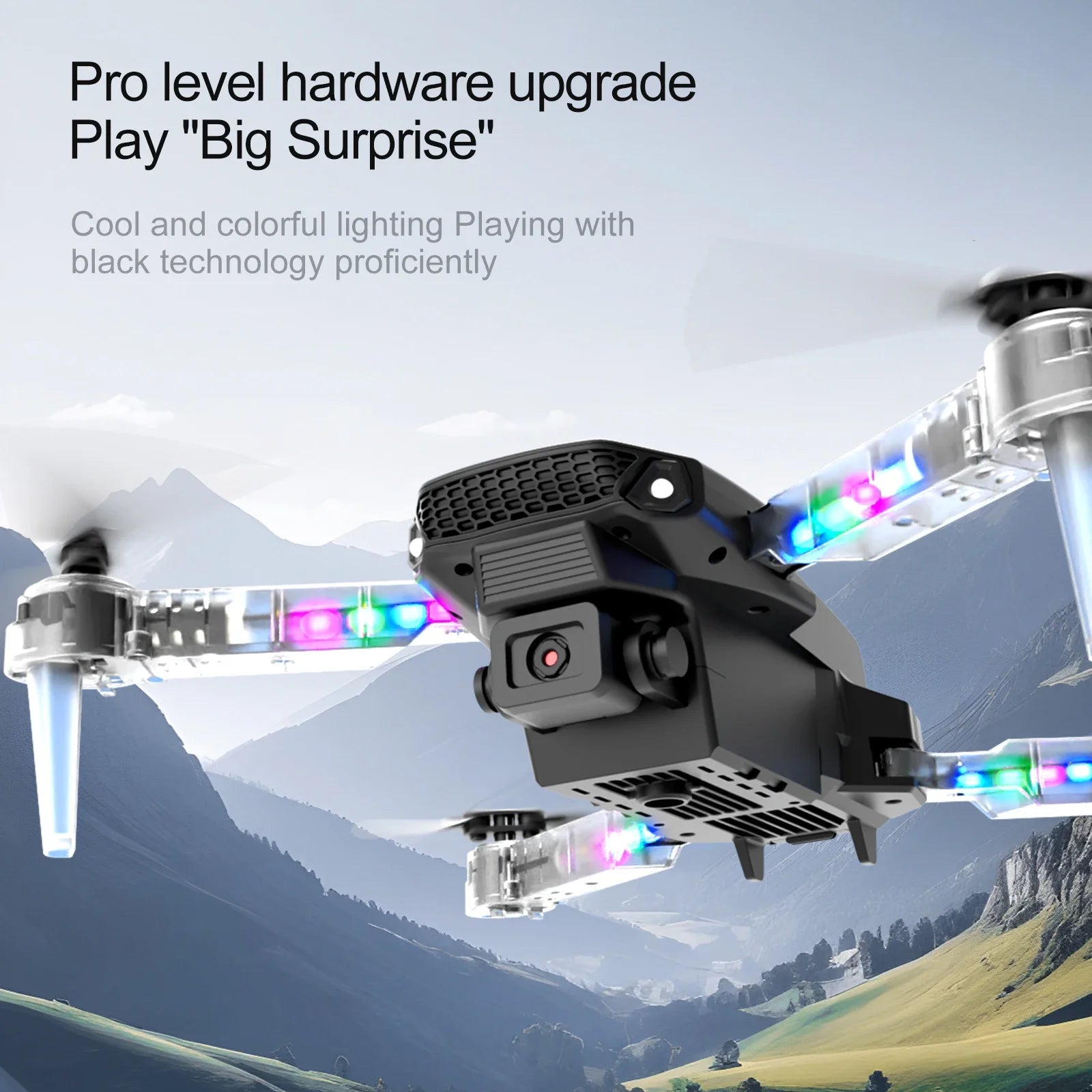 Black quadcopter drone with a front camera and transparent arms featuring colorful LED lights for aerial photography.
