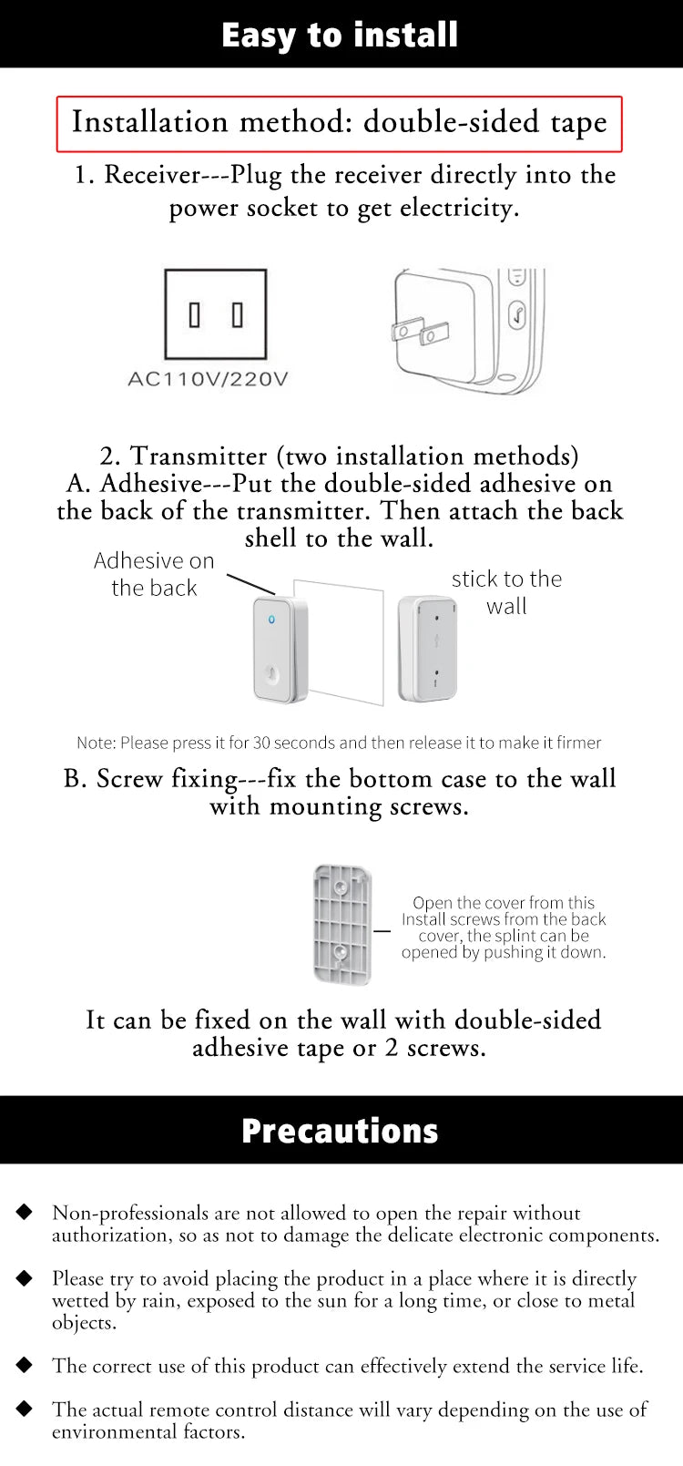Self Powered Waterproof Wireless Doorbell Smart Home Without Battery Doorbell With Ringtone 150M Remote Receiver Bell