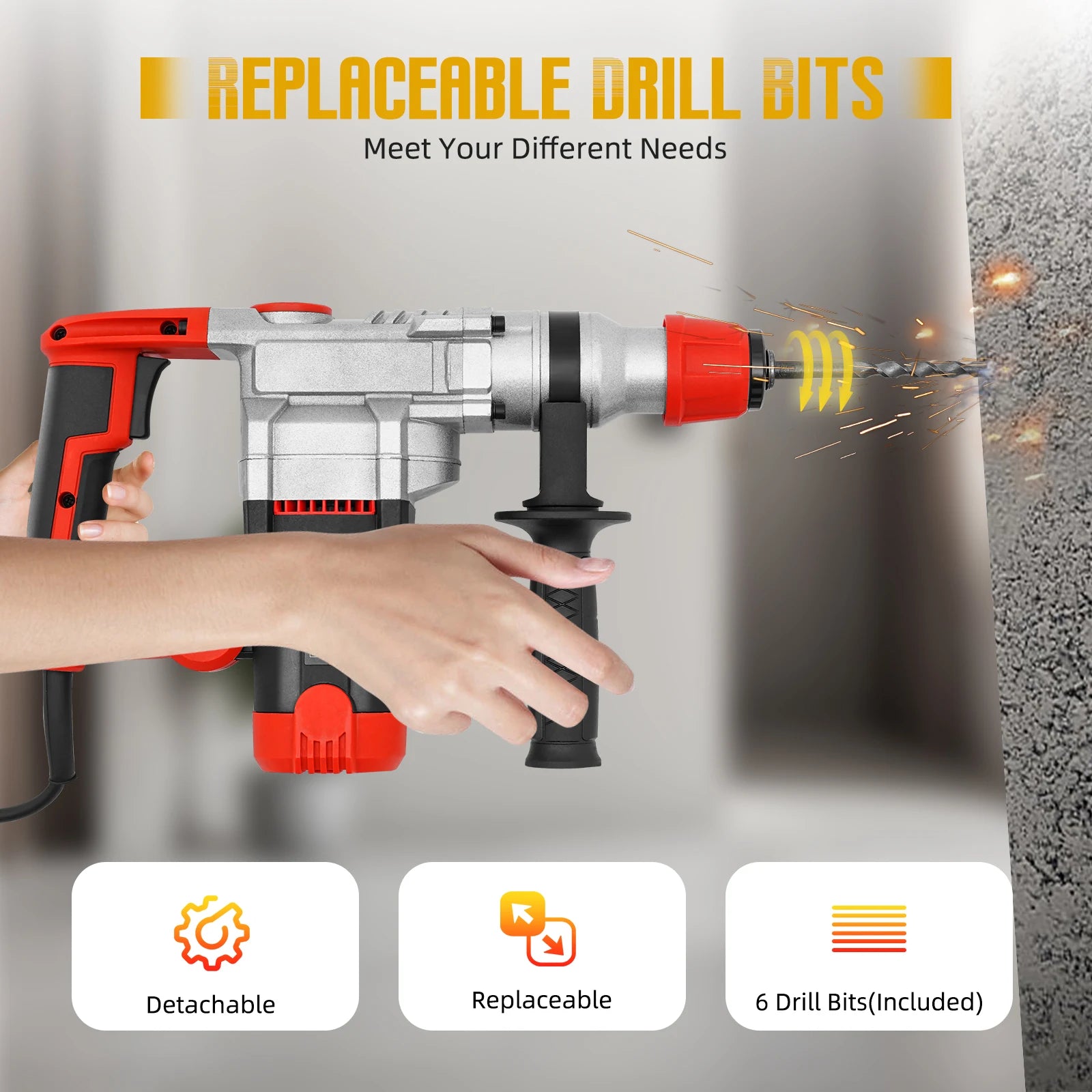 2200W Rotary Hammer Drill with 6 Drill Bits & Toolbox, 4 In 1 Electric Concrete Perforator, Multi-Function Electric Hammer Kit