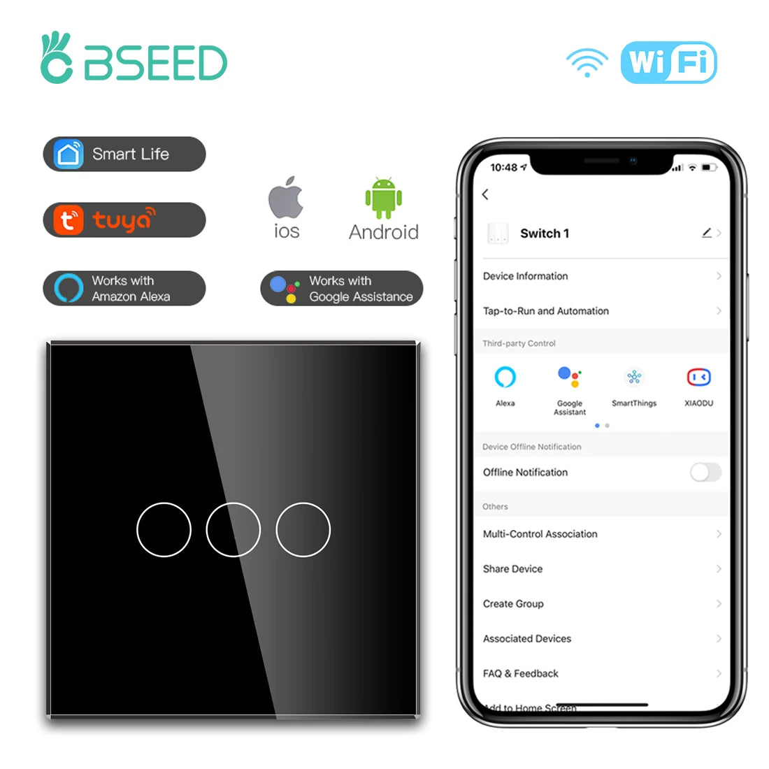 Wifi Smart Light Switch | 1-3 Gang Touch Control | Alexa & Google Compatible 3Gang Switch EU standard Tidesmit