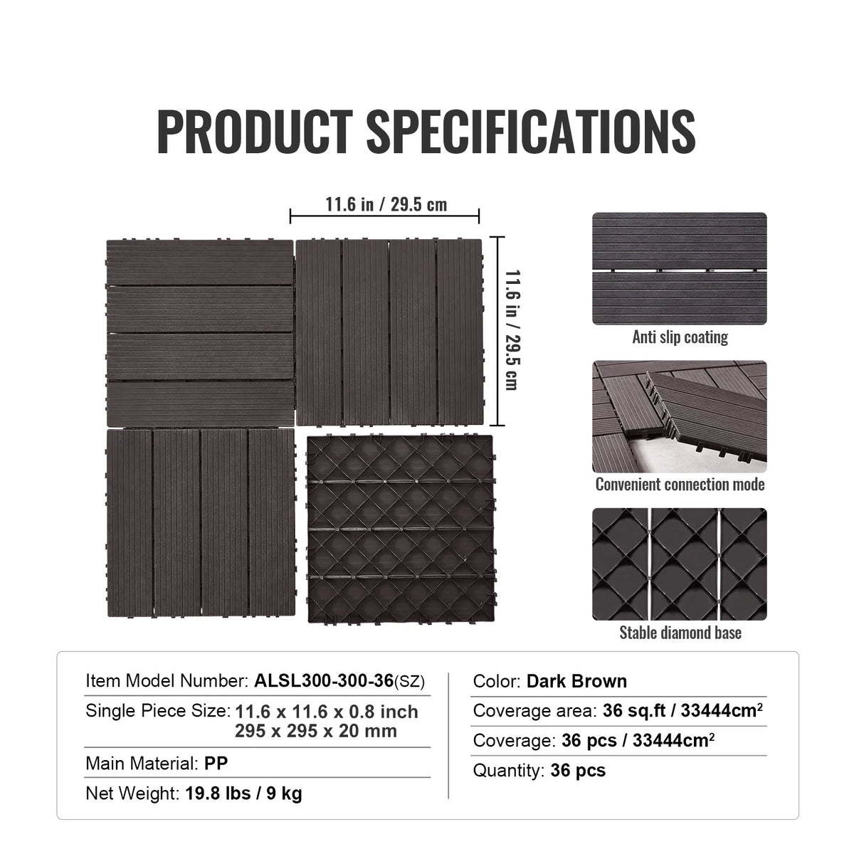 Dark brown interlocking deck tiles with anti-slip textured surface and diamond stabilizing base.