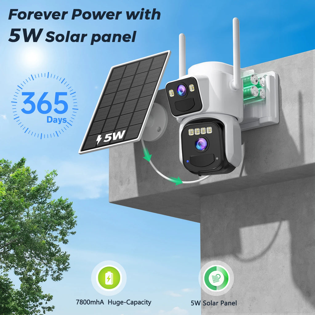 10MP PZT Solar IP Camera WiFi Outdoor 5K HD Dual Lens Home Security Camera Built in Battery Solar Panel and AI Person Detection