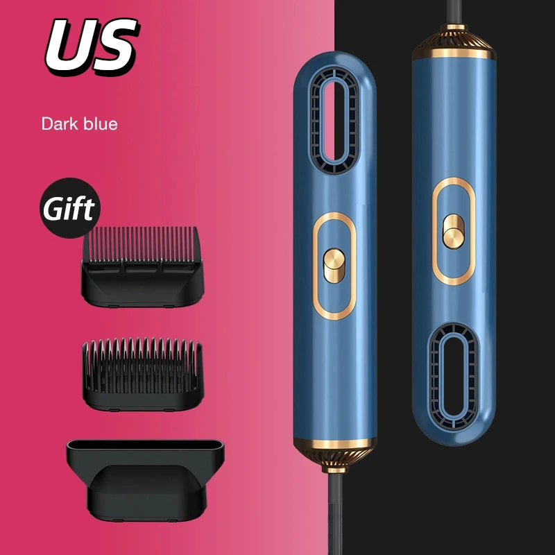 Dark blue professional high-speed ionic hair dryer with gold accents, three styling attachments, and powerful airflow.