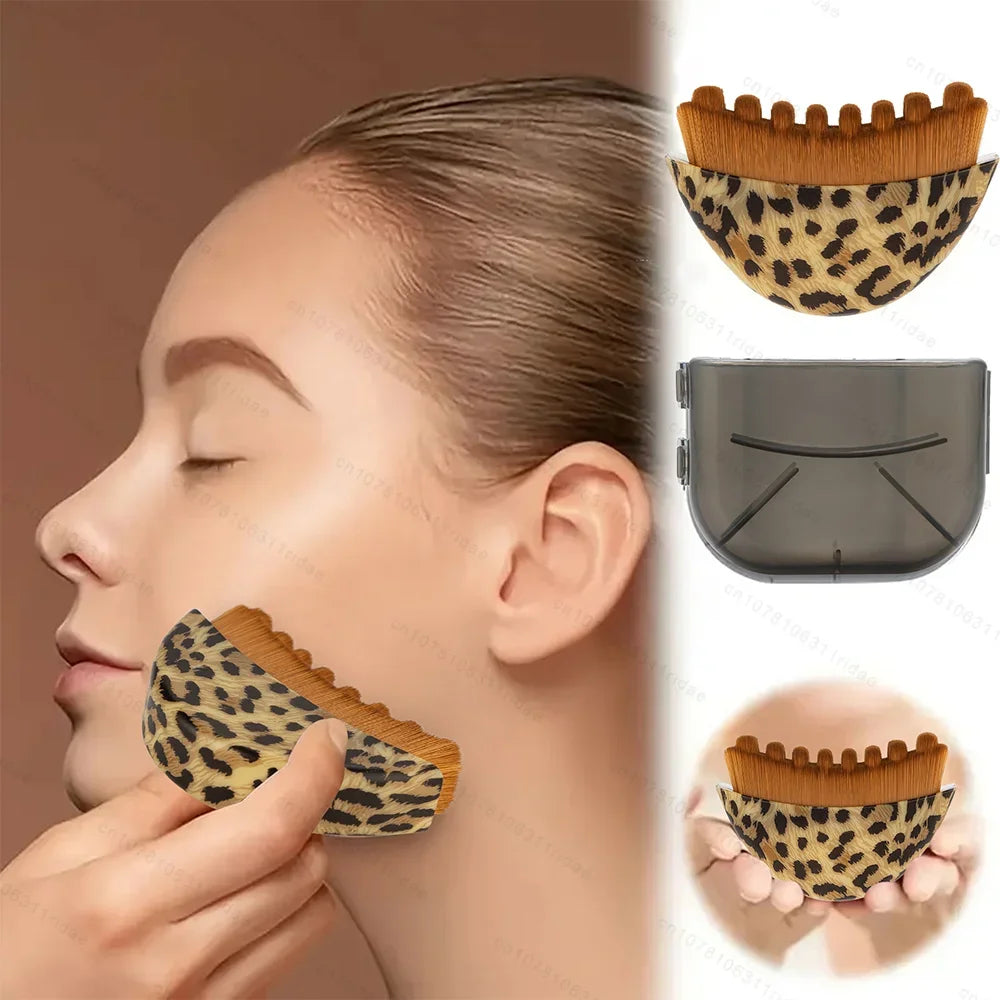 Leopard print facial contour brush with brown bristles being used on a woman's jawline, with storage case included.