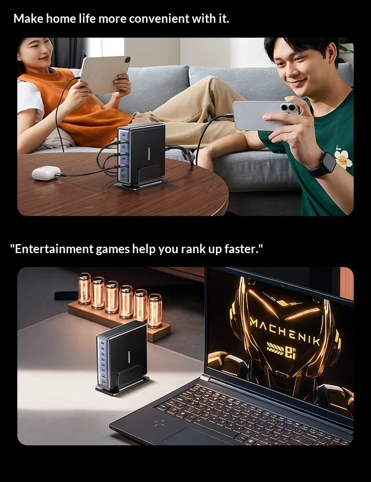 UGREEN 200W GaN Charger 8 in 1 Desktop Laptop Fast Charging Stand For Phone Tablets Smart Watch Desktop Charging Station iPad