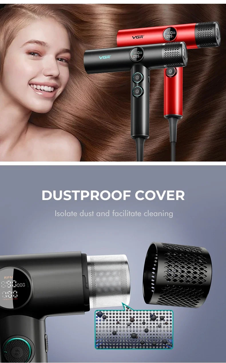 VGR V-401 professional BLDC hair dryer with LCD display, negative ions, and easy-clean removable dustproof filter.
