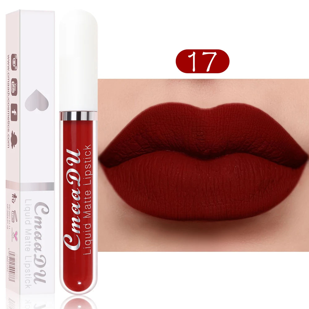 CmaaDu long-lasting matte liquid lipstick in deep red shade 17, non-stick, waterproof lip makeup in tube with box.